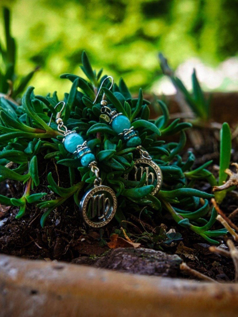 Boutique Virgo Zodiac Dangle Earrings Silver Turquoise Beaded Astrology